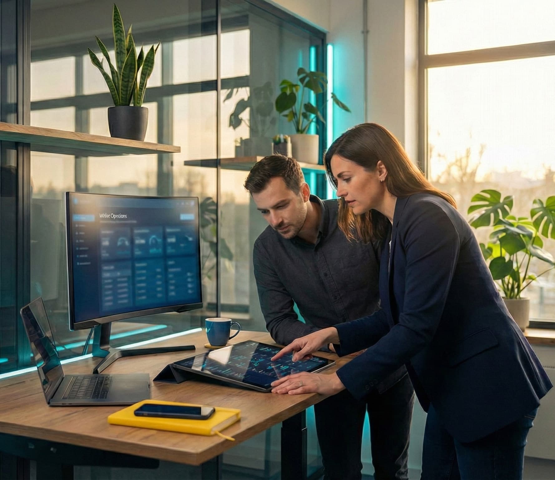 Business owners reviewing a dashboard where everything is running